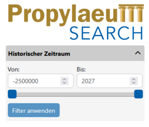 Grafik: Logo PropylaeumSEARCH und Screenshot Facettenfilter Zeitsuche