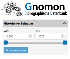 Grafik: Logo Gnomon Bibliographische Datenbank und Screenshot Facettenfilter Zeitsuche